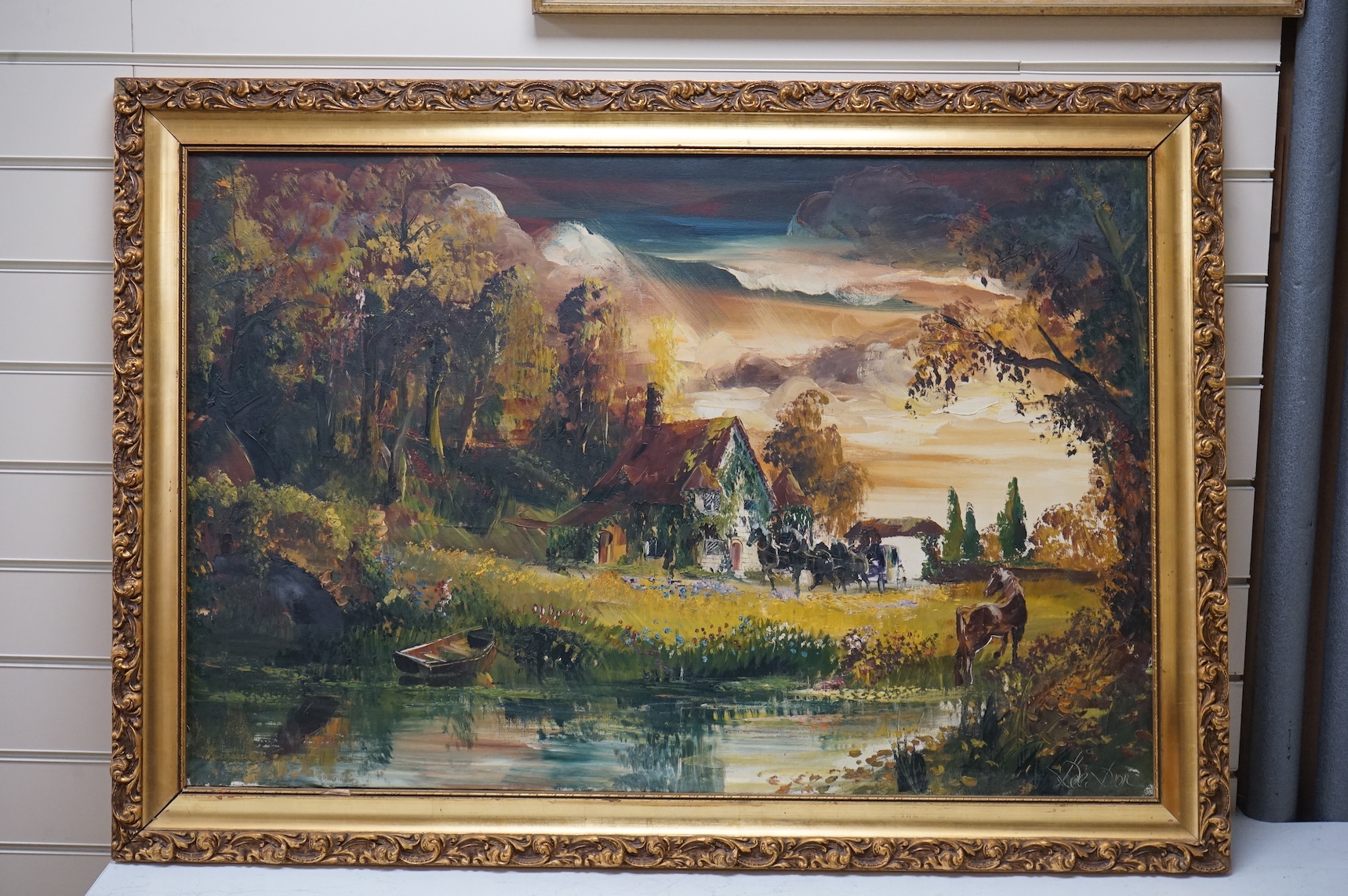 1970's, oil on canvas, Surreal scene with stream and horses before cottage, indistinctly signed, 59 x 90cm, ornate gilt frame